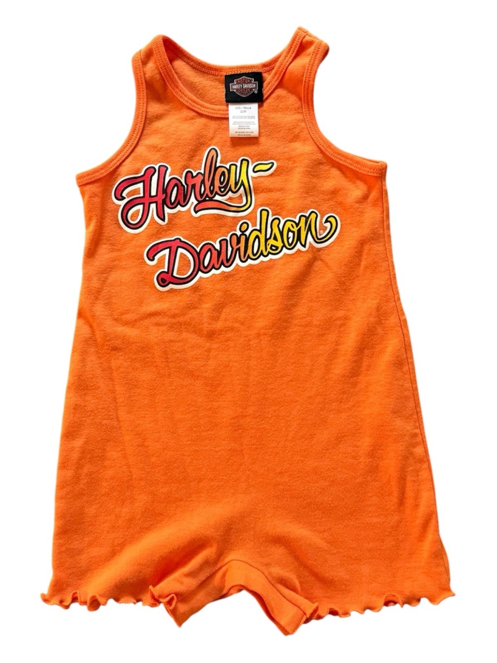 Harley-Davidson Orange Logo Kids Toddler Girl Tank Romper Ruffle Hem 2/3T
